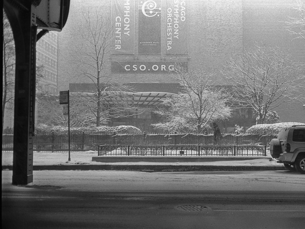 A snow-covered street outside Symphony Center.